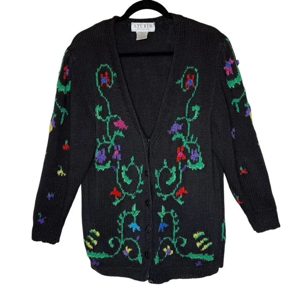 Vintage Studio Michelle Stuart Black Floral Intarsia Knit Cardigan Sweater Sz M